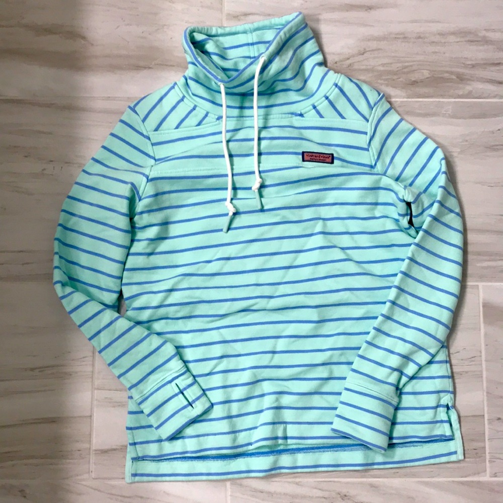 Vineyard Vines cowl neck sweatshirt. Blue and mint green stipe. Size XS. New!